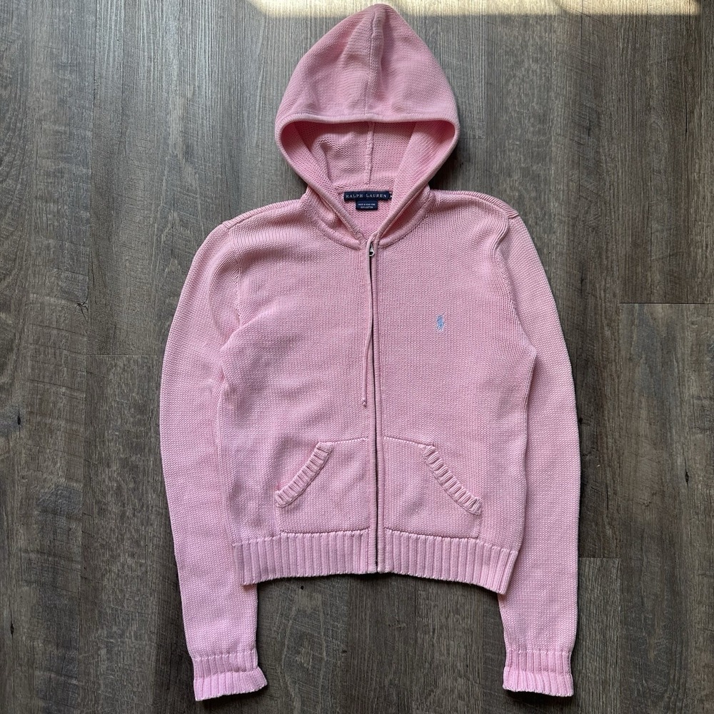 90s RALPH LAUREN cotton knit hooded sweater pink (womens M ) used vintage V2177
